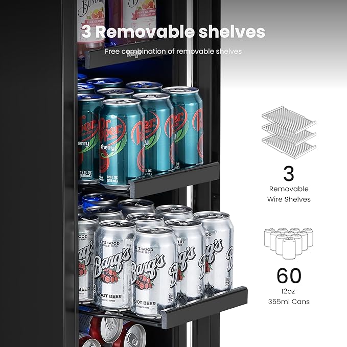 Yeego Beverage Refrigerator & Drink Fridge - 12 inch 60 Cans Beer Cooler Glass Door, 34-54℉ Under Counter Refrigerator Built-in for Drink Soda Wine for Bar Office Bedroom