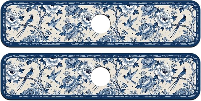 2 Pcs Kitchen Sink Splash Guard Faucet Mat Vintage Porcelain Flowers and Birds - Image 8