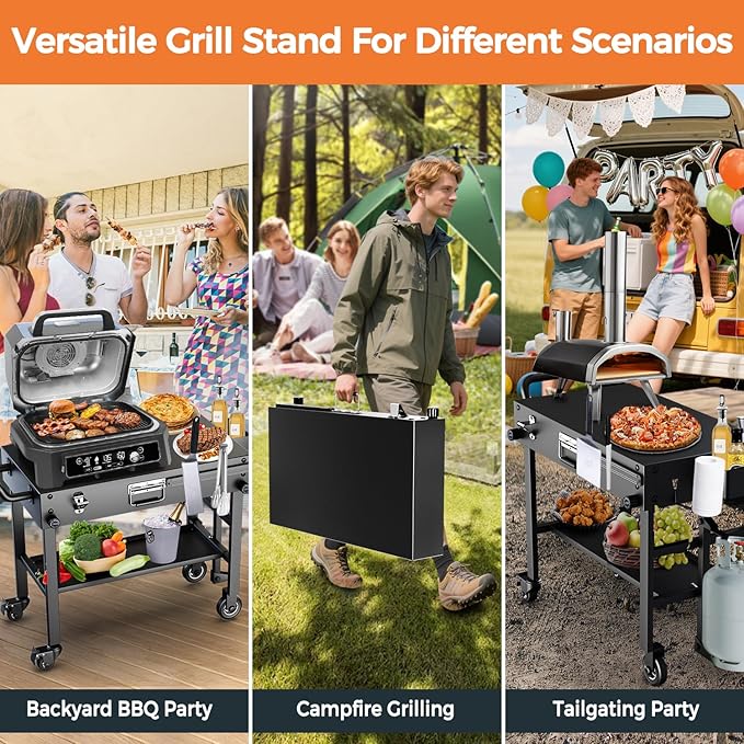 Portable Stand for Blackstone 17 & 22 Inch Griddle - Sturdy Outdoor Grill Table for Ooni Pizza Oven, Ninja Woodfire Grills, Foldable Grill Cart w/Wheels, Gas Tank Mount & Storage Shelf