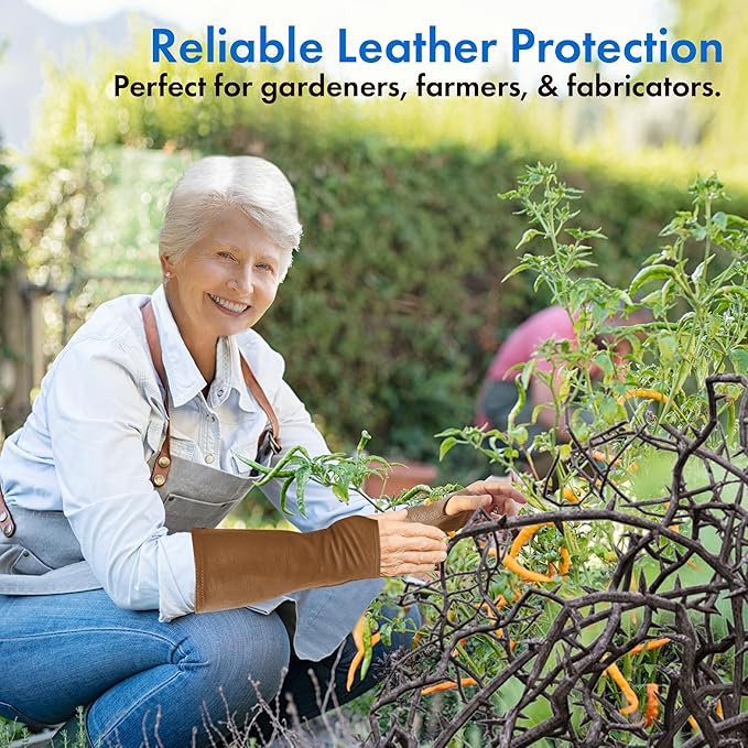 Arm Chaps Leather Protective Sleeves Arm Guard - Prevent Cuts, Scratches & Bruises - Genuine Cowhide - Ideal for Gardening & Construction - Left & Right Form-Fitting. Brown (1 Pair/Large).