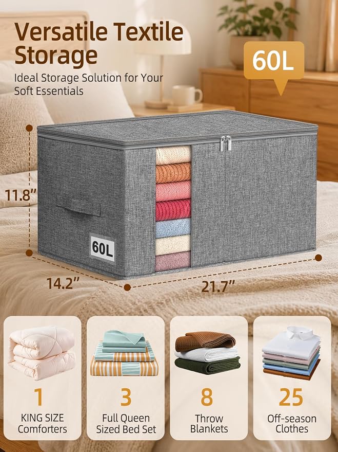 60L Rigid-Sided Blanket Storage Bags, 2 Pack, Stackable Design, - Image 3