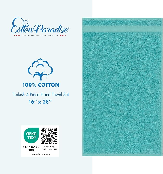 Cotton Paradise 100% Cotton Turkish Hand Towels, 4 Piece, Turquoise Blue - Image 5