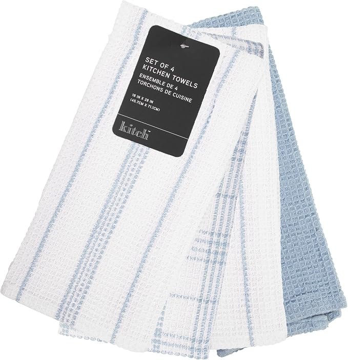 Kitchen Towels Set of 4 Dish Towels Blue n White Waffle Weave Cotton Hand Towels - Image 2