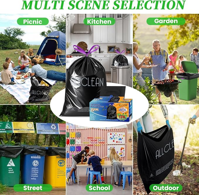Trash Bags 15 Gallon Tall Kitchen Drawstring Garbage Bag Fit 13-15 Gal Bins | - Image 9