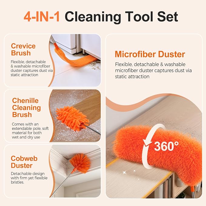 Cobweb Duster with Extension Pole, Pole5-Piece Spider Web Brush with Pole Kit - Image 4
