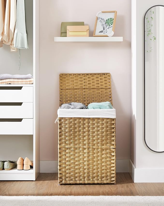 SONGMICS Laundry Hamper with Lid, 90L Double Wicker Basket, 6 Mesh Bags - Image 9