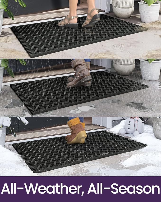 DEXI Front Door Mat Outside Entrance Rubber 24x36, Welcome Floor Doormat Heavy Duty Non Slip, Dirt Trapper Waterproof Exterior Entry Mats All Weather for Patio Entryway Drainage, Black