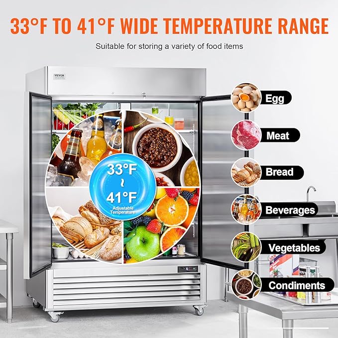VEVOR Commercial Refrigerator 44.21 Cu.ft, Reach In 54.4" W Upright Refrigerator 2 Doors, Auto-Defrost Stainless Steel Reach-in Refrigerator with 8 Shelves, 33 to 41℉ Temp Control, LED Light, 4 Wheels