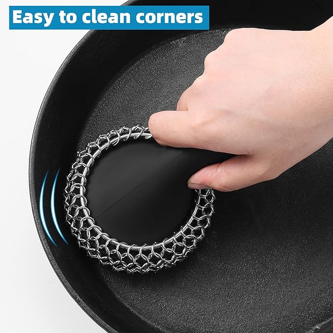 SUBEKYU Cast Iron Scrubber with Silicone Handle, Stainless Steel Chainmail Scrubber for Cast Iron Pans, Black