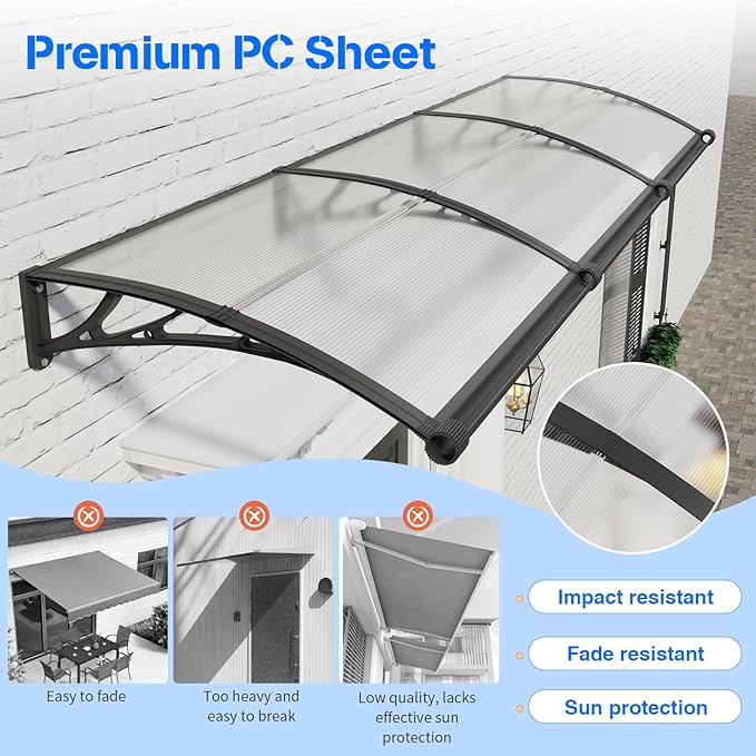 Awning for Door Entrance with Drainage Sink,32x60 Inch Awnings for Doors,Window Canopy Exterior with Plastic Steel Bracket,Polycarbonate Cover,UV,Rain,Snow Protection for House,Porch,Patio,Deck