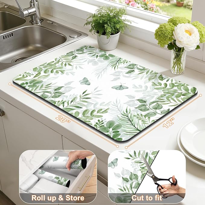 LOKHOM 12"x20" Dish Drying Mat， Green Plant Coffee Mat | Floral Butterfly Prints - Image 2