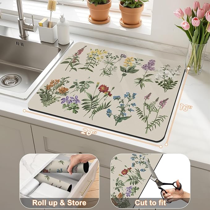 LOKHOM 16"x20" Dish Drying Mat，Vintage Sage Flower Herb Coffee Mat | Ultra - Image 2