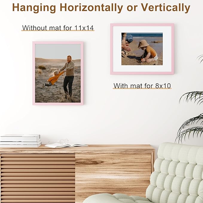 Vittanly 11x14 Picture Frame, Solid Wood Frame with Plexiglass, Includes 8x10 Mat, Wall Hanging for Photos, Home Decor, Pale Pink, 1 Pack