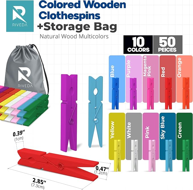 50pcs Colored Wooden Clothes Pins, 2.9inch 10 Colors, Clothespins - Image 2