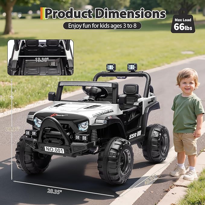12V Kids Ride on Car, Electric Ride on Truck w/Parent Remote, Spring Suspension, Bluetooth Music, LED Light, 4.1Mph Max Speed, 3 Speeds, Battery Powered Vehicles for Kids Toddler Age 3-8, White