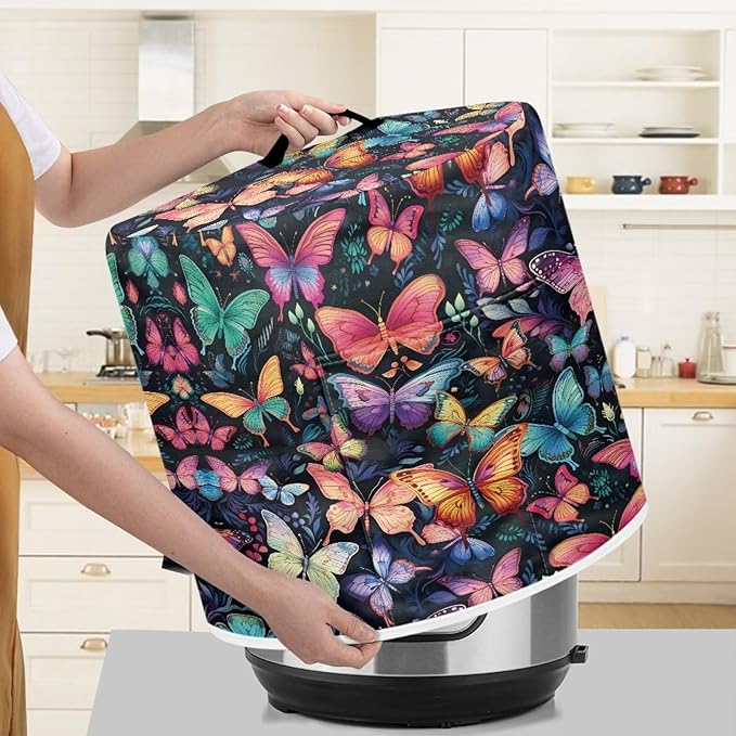 Insulated Pressure Cooker Appliance Cover, Also Fit for Rice Cooker, Air Fryer and Crock Pot, 6 Quart Dust Cover with Pocket for Spoon/Cooking Utensils/Recipes, Washable, Butterfly Various