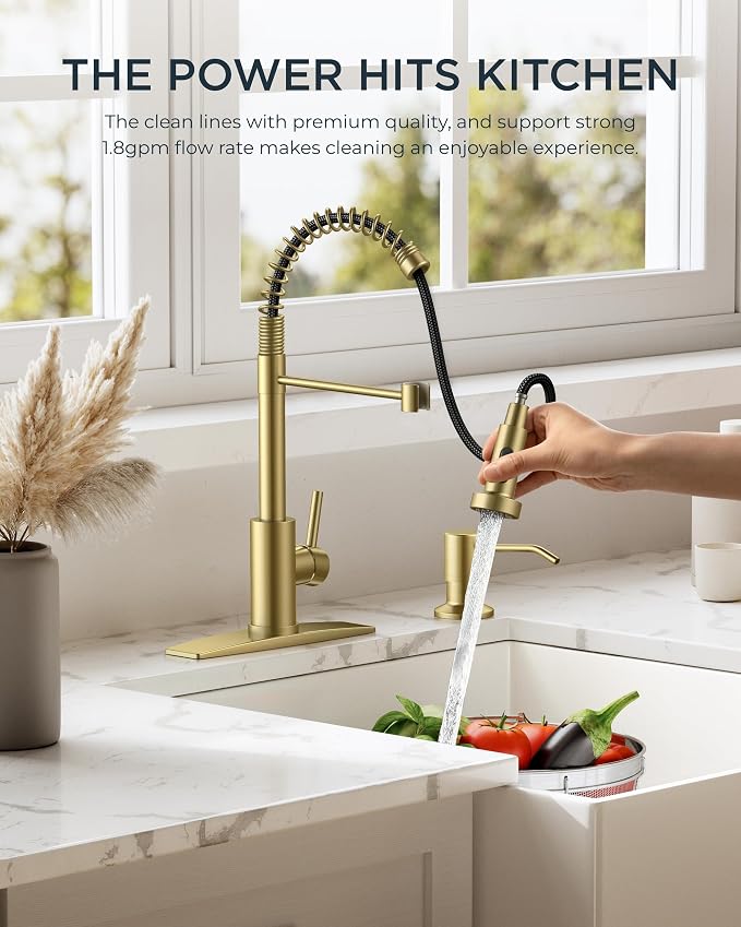 FORIOUS Gold Kitchen Sink Faucet, Pull Down Sprayer, Classic High Arc | - Image 4