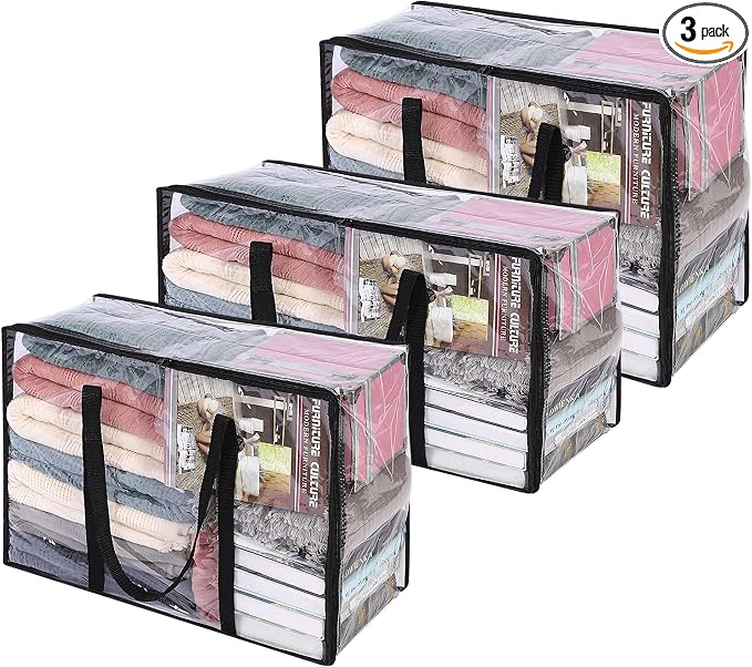 3 Pack 40L/60L/90L Clear Clothes Storage Bags by Vieshful
