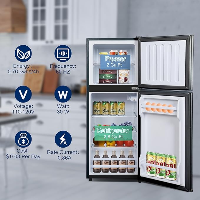 4.8 Cu. Ft. Fridge with Freezer, 2-Door Mini Fridge with Freezer, Adjustable Thermostat Small Refrigerator, Dorm Refrigerator for Apartment, Office, Kitchen, Black