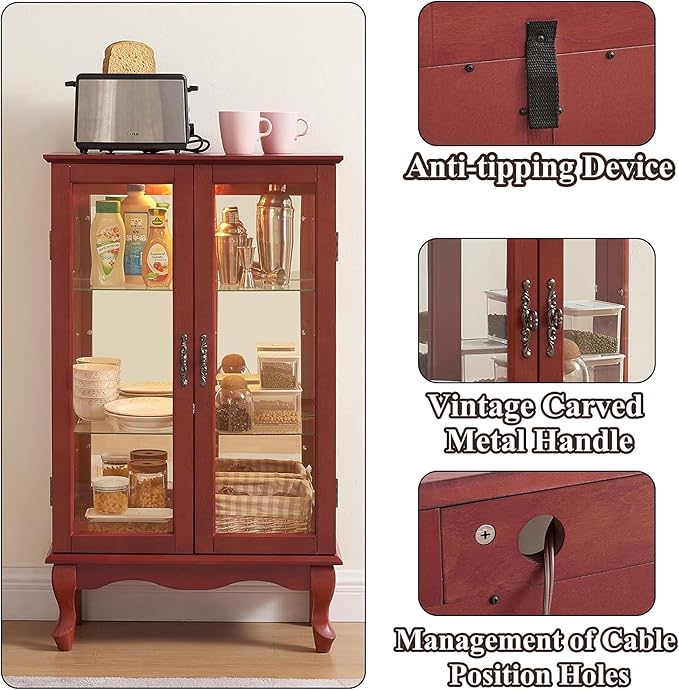 43" H Lighted Curio Cabinet Display Case with Light Bulb, Glass Curio Cabinet with Adjustable Shelves & Tempered Glass Door, Wooden Cabinets w/Mirrored Back Pane for Living Room(Cherry)