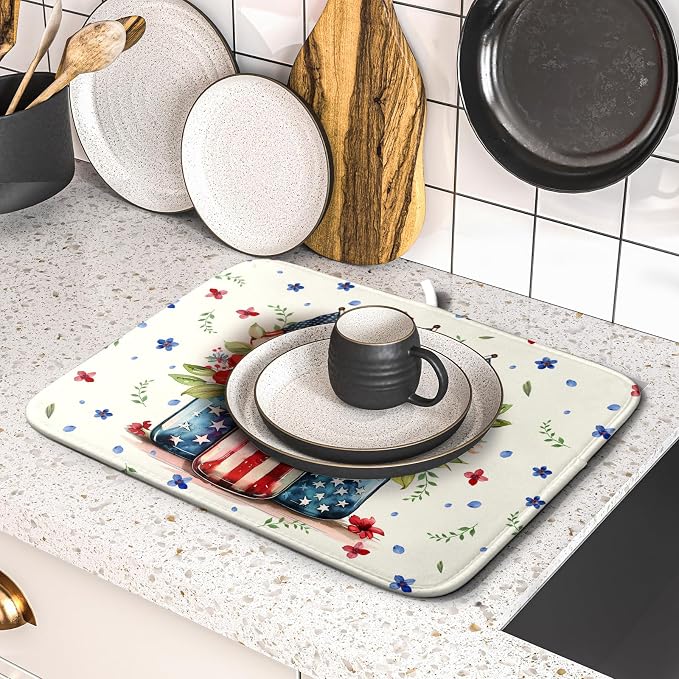 Giwawa American Patriotic Floral Dish Drying Mat Flower Vase Drainer Rack Mats - Image 5