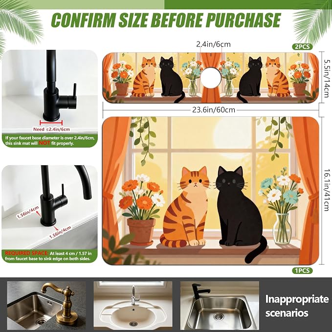 3 Pcs 2 Size Kitchen Sink Splash Guard Faucet Mat Cute Cat Pattern Faucet Mat - Image 2