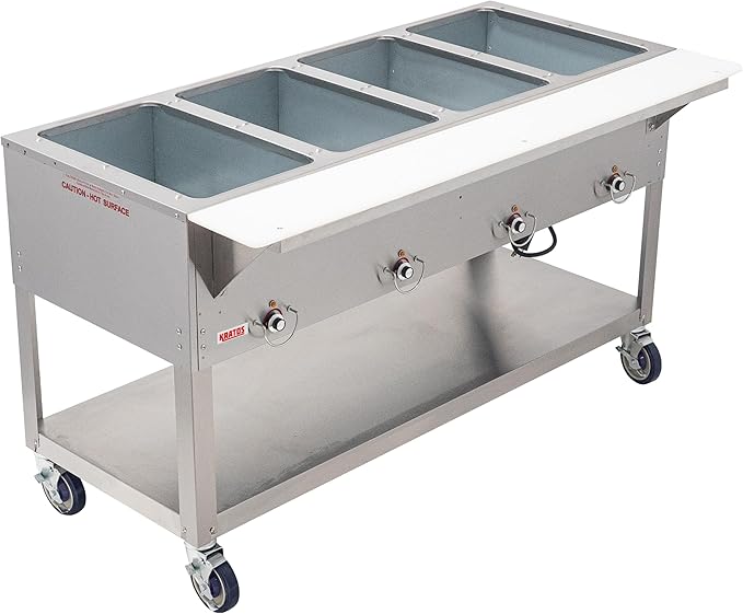 Kratos Commercial Mobile Electric Steam Table/Hot Food Table, 4 Wells, Stainless Steel, NSF 120V (28W-198)
