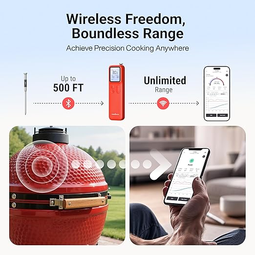 ThermoMaven Smart Bleutooth Wireless Meat Thermometer, Standalone Base, WiFi Unlimited Range, NIST Certified Accuracy, Smart App Alerts for Grill, Oven, Smoker, BBQ