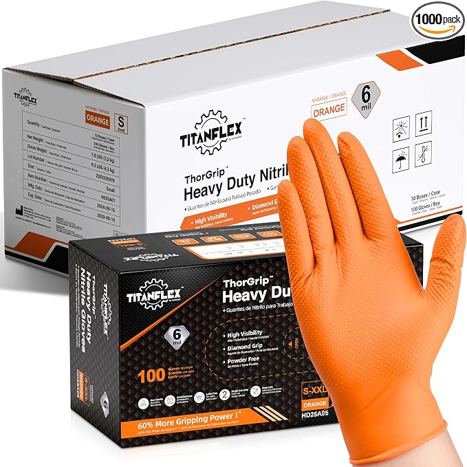 TitanFlex Heavy Duty Orange Nitrile Gloves, 6 Mil, Raised Diamond Texture by TitanFlexDisposableGloves