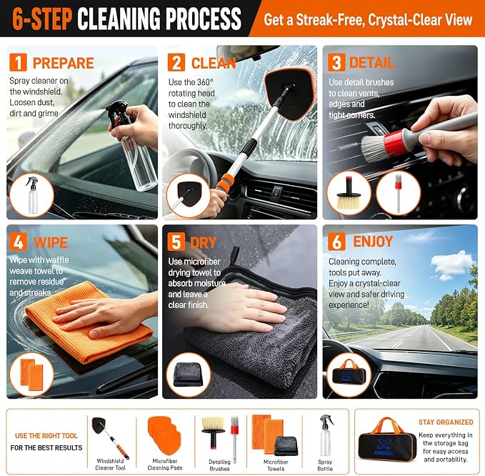 XINDELL Interior Windshield Cleaner Tool, Extendable Car Window Cleaning Kit - Image 5