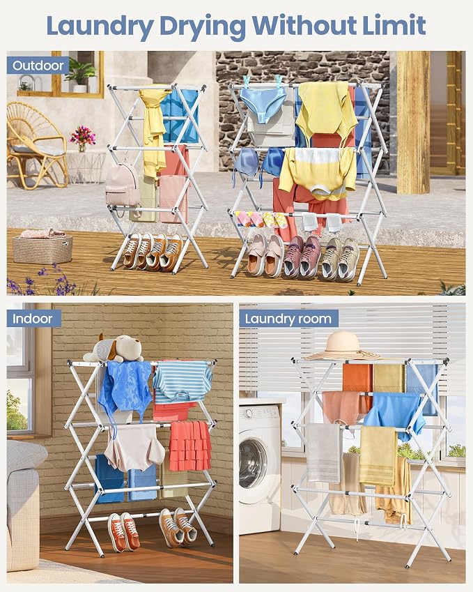 Oversize 3-Tier Clothes Drying Rack, No Install, Non-slip feet, Tool-free Setup - Image 7