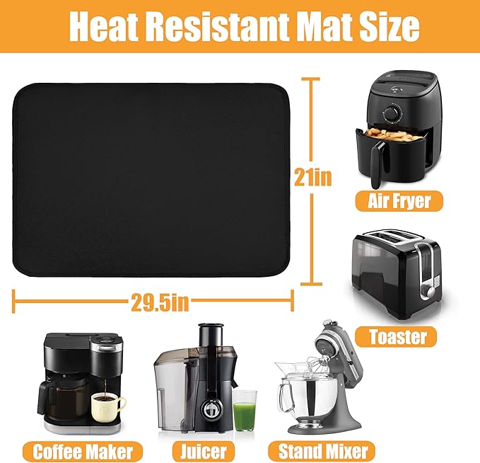 Heat Resistant Mat for Air Fryer, 21 x 29.5in Heat Resistant Mat for Countertop, Fireproof Silicone Countertop Protector Appliance Slider for Air Fryer, Coffee Maker, Toaster, Oven (Black)