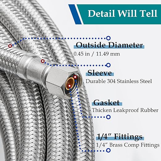 Refrigerator Water Line for Ice Maker Braided - 15' Pex Water Supply Lines Hose for Fridge Outlet Box with 1/4 Comp Fitting