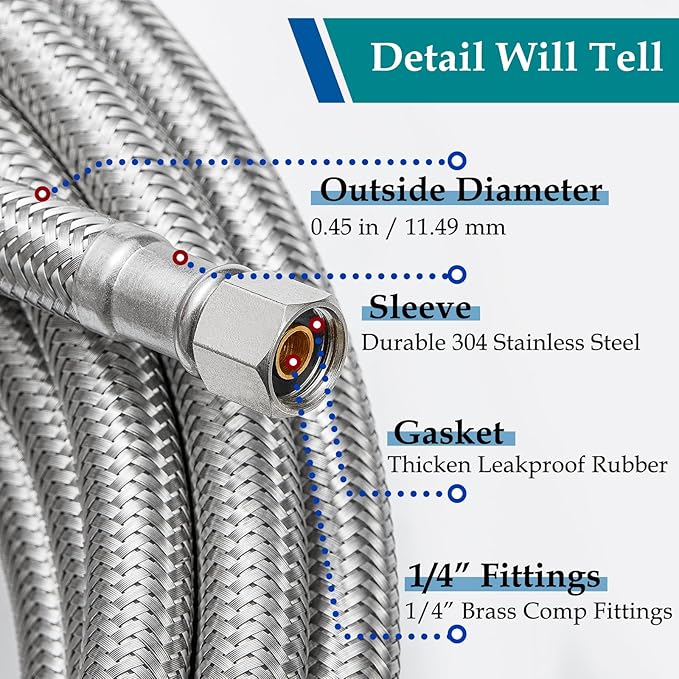 Refrigerator Water Line for Ice Maker Braided - 12' Pex Water Supply Lines Hose for Fridge Outlet Box with 1/4 Comp Fitting
