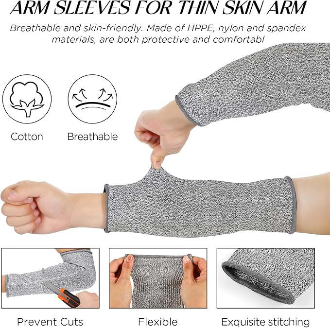 Neer 4 Pair Protective Arm Sleeves for Thin Skin Anti-Cut Burn Resistant Cover Forearm Sleeve for Cooking Construction (Gray,11.8 Inch)