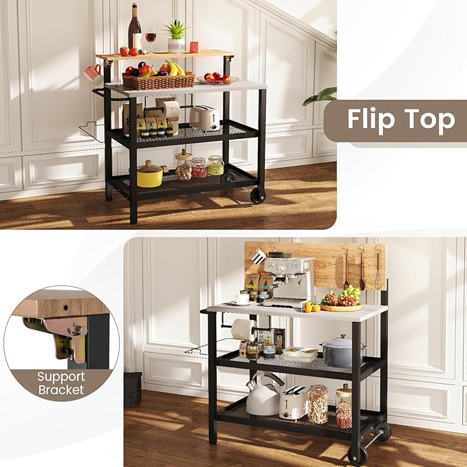 GOFLAME Outdoor Patio Cart Table, Kitchen Shelf on Wheels with Flip Top, Trash Bag Holder, Movable Hooks, Side Handle, Rolling Dining Grill Table, 4-Tier Serving Cart for Home, Bar (Without Chairs)