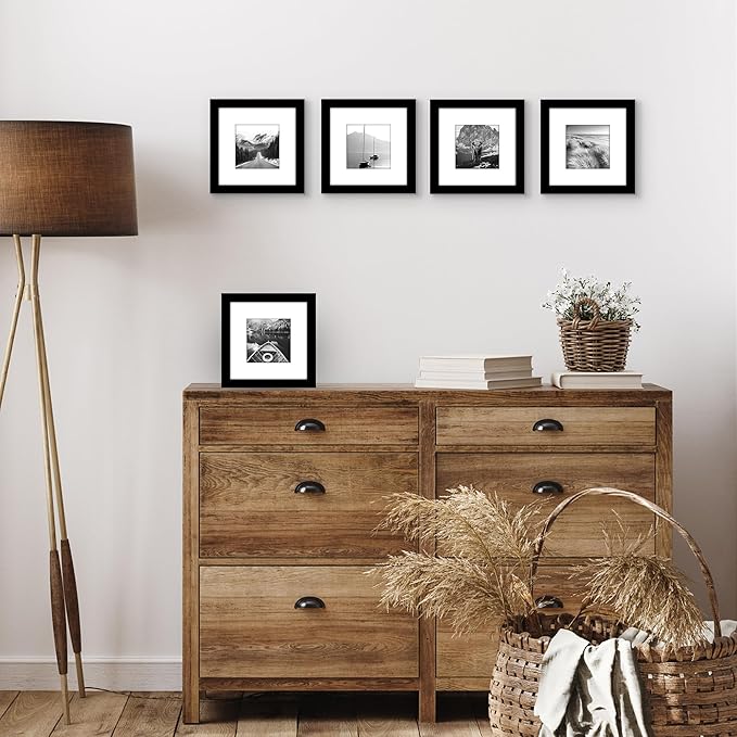 Americanflat 7x7 Picture Frame with Polished Plexiglass - Set of 5 - Use as 4x4 Frame with Mat or Display 7x7 Photo Without Mat - Galleria Collection - Square Frames for Tabletop and Wall - Black