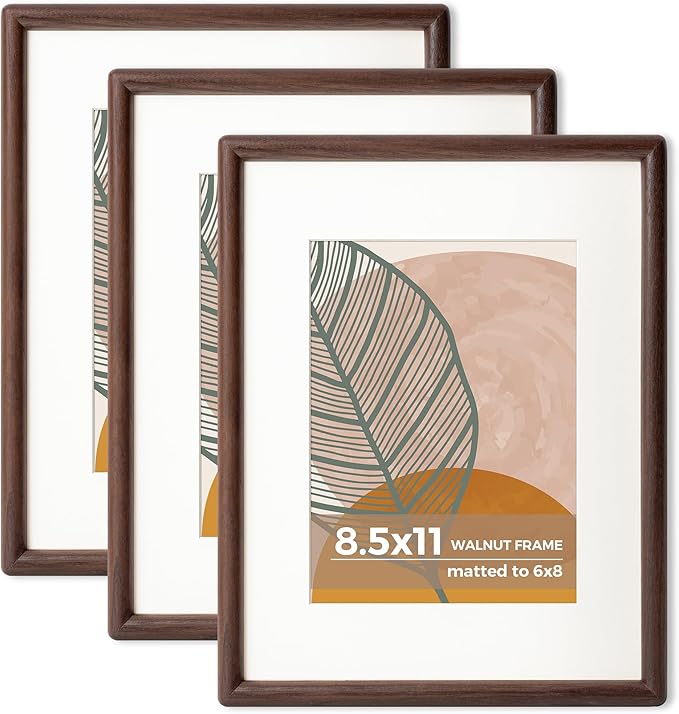 Axeman 8.5x11 Walnut Frame Set of 3 - Rounded Corner 8.5 by 11 Picture Frame with Mat for 6x8 - Natural Walnut Wood 8.5x11 Frame for Diploma