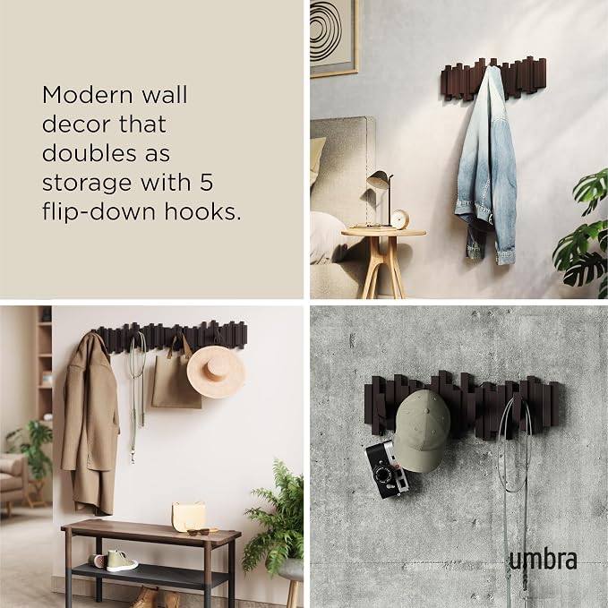 Umbra Sticks Wall Mount Coat Rack, 5 Hook Retractable Pegs, Espresso | Mounting - Image 4