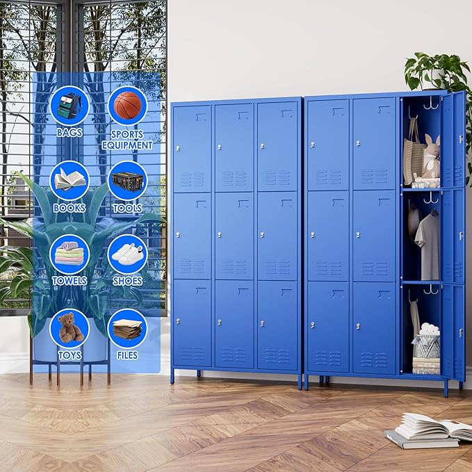 METAN Metal Locker for School Office Gym Bedroom,9 Doors Steel Storage Lockers Cabinet for Employees,Industrial Storage with Padlock,Assembly Required,Blue