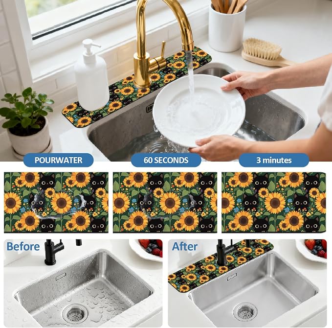 2 Pcs Black Cat Kitchen Sink Splash Guard Faucet Mat Sunflower Animals and - Image 5