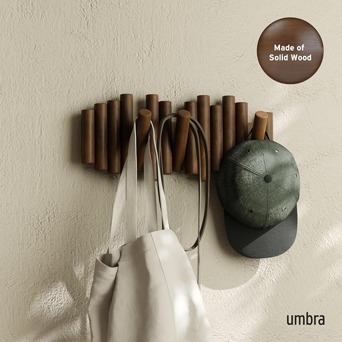 Umbra Picket Coat Rack, Wall Mount 5 Flip-Down Coat Hooks, Walnut | Beveled - Image 2