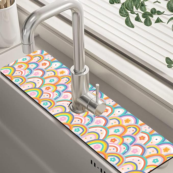 Boho Rainbow Hippie Floral Kitchen Sink Splash Guard Mat Absorbent Fast Drying by Unknown