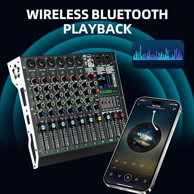 Professional DJ Audio Mixer,6 Channel Sound Mixing music Board With 99 DSP Effects,Console System PA Mixer with Bluetooth,w/USB,48V Phantom Power,Vocal Removal for Live Streaming Studio(DT-6)