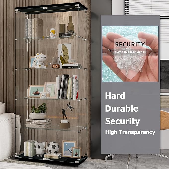 74" H 5-Shelf Glass Display Cabinet with Double Door, Modern Curio Cabinet Collection Display Case, Floor Standing Bookshelf Glass Case with Lock for Living Room,Home Office (Black)