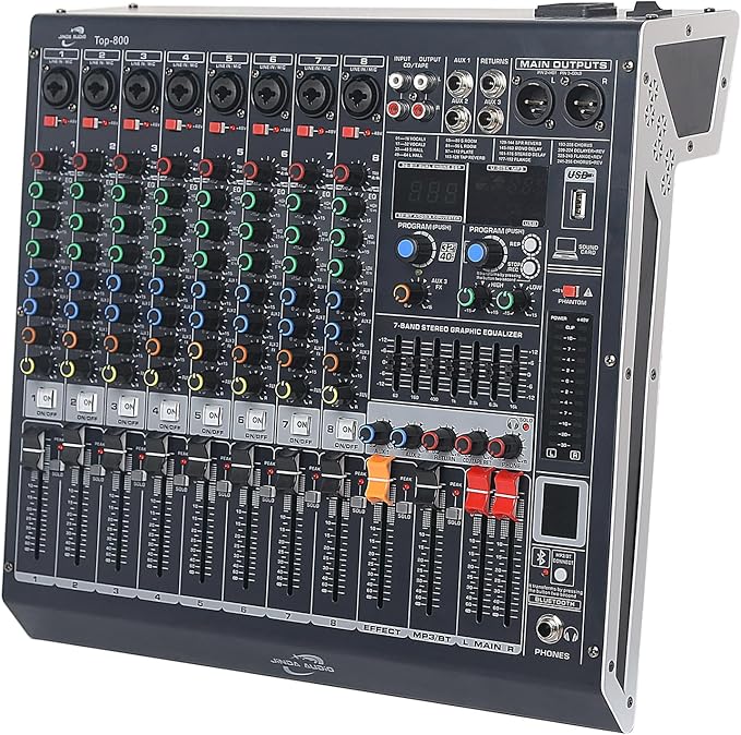 Audio Mixer 8 Channel, DJ Mixer Board with Bluetooth and Usb, Audio Sound Card with Interface Recording and 48V Phantom Power, Sounds Mixer with 256 DSP FX Reverb Delay Effect for Streaming