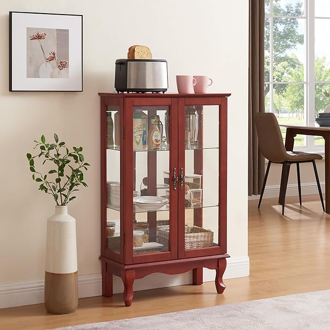 43" H Lighted Curio Cabinet Display Case with Light Bulb, Glass Curio Cabinet with Adjustable Shelves & Tempered Glass Door, Wooden Cabinets w/Mirrored Back Pane for Living Room(Cherry)