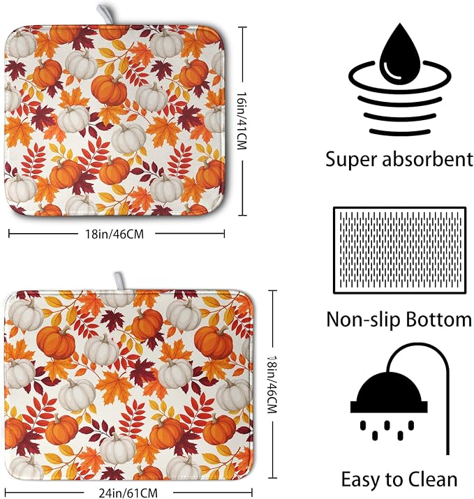 Fall Dish Drying Mat for Kitchen Counter Autumn Orange White Pumpkin Maple - Image 2