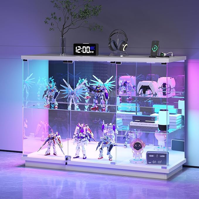 Lvifur RGB Glass Display Cabinet - with Lock, High Gloss Sideboard with Human Body Sensor & Glass Shelves for Toys, Books, Collectibles, Liquor, Bookcase for Living Room, Kitchen, Study, White