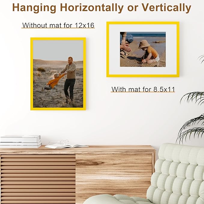 Vittanly 12x16 Picture Frame, Solid Wood Frame with Plexiglass, Includes 8.5x11 Mat, Wall Hanging for Photos, Home Decor, Yellow, 1 Pack